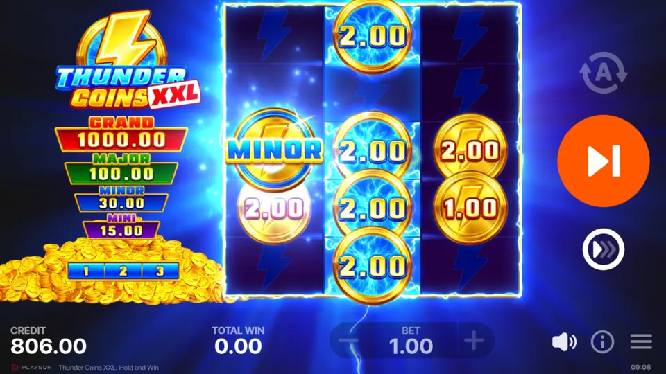 Bonus Game Raster mit fixierten Thunder-Bonus-Symbolen auf Walze 2 und Re-Spin-Zähler