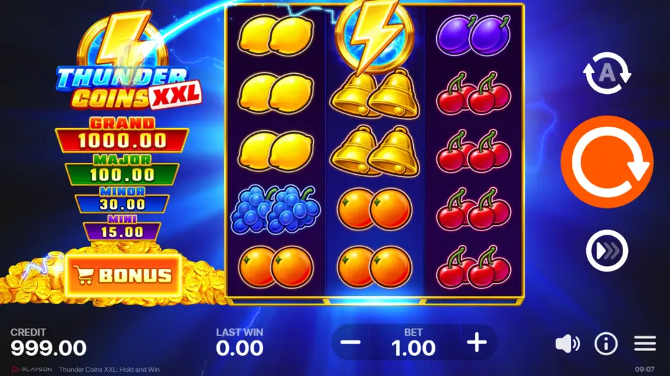 Thunder Coins XXL Hauptspiel mit Fruchtsymbolen und Wild auf dem 5x3-Raster