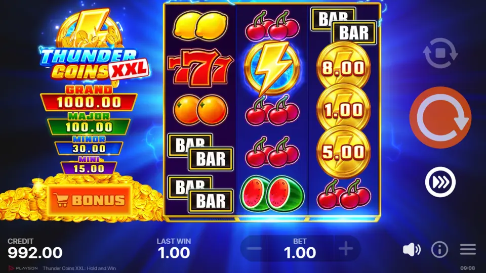 Thunder Coins Feature Auslösung mit hervorgehobenen Bonus-Symbolen auf dem Raster